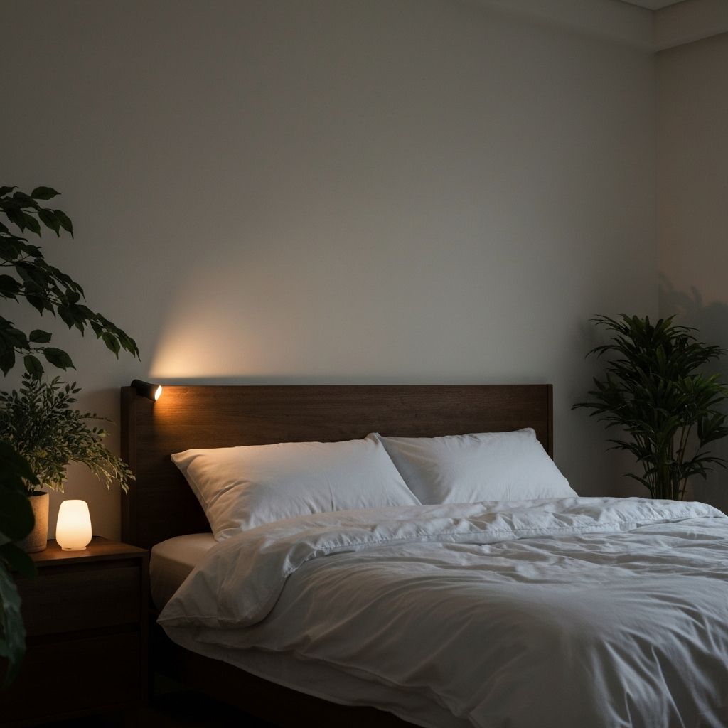 Peaceful bedroom with soft lighting prepared for rest